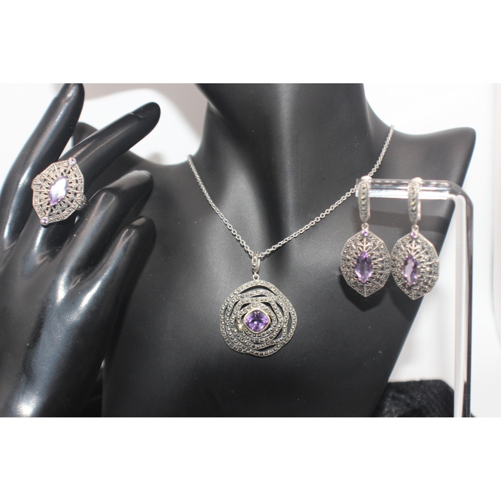 925 Silver Blue Gemstone Marcasite Jewelry Set Necklace Earrings Ring Size 9.25